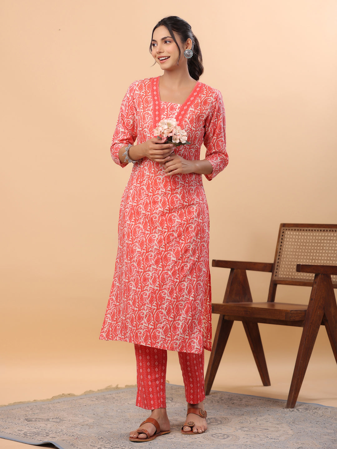 Janasya Regular Poly Cotton Red Printed Square Neck Set - Swadesiicart