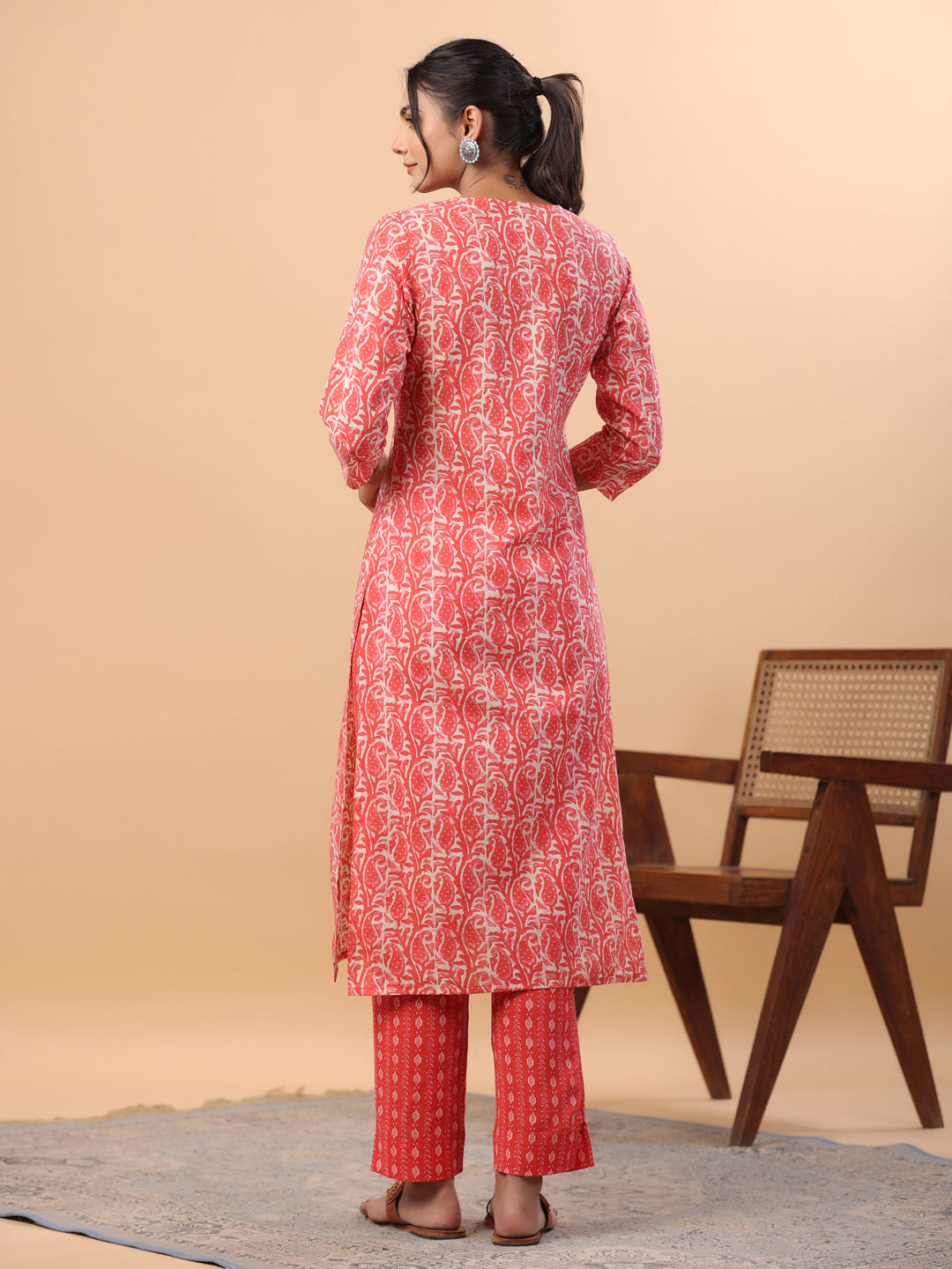 Janasya Regular Poly Cotton Red Printed Square Neck Set - Swadesiicart
