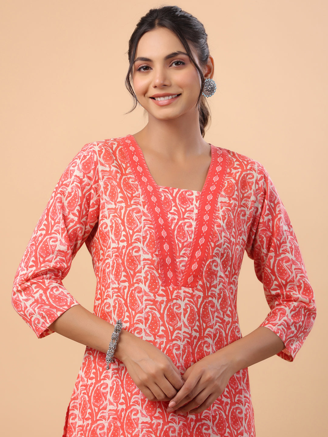 Janasya Regular Poly Cotton Red Printed Square Neck Set - Swadesiicart