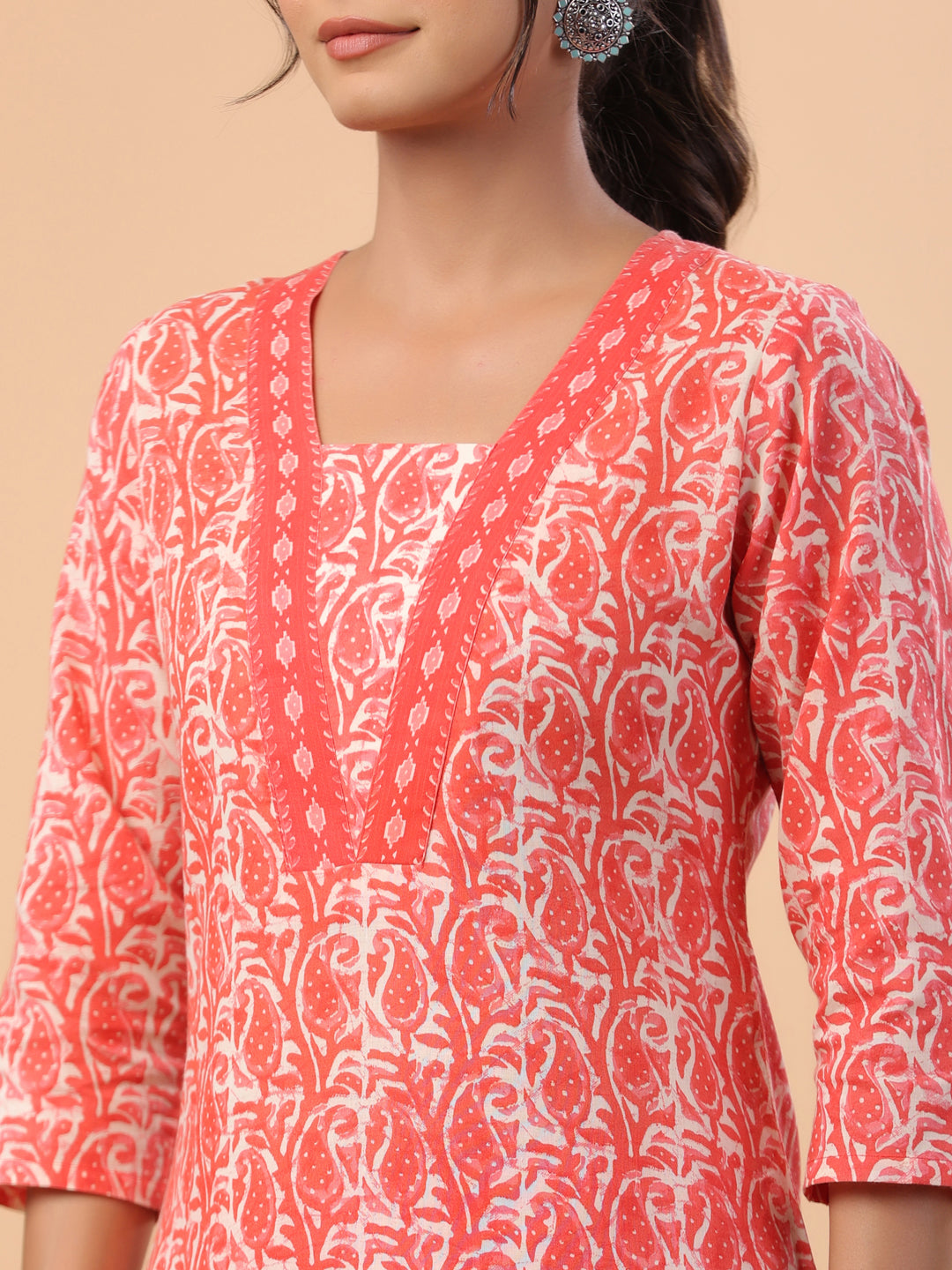 Janasya Regular Poly Cotton Red Printed Square Neck Set - Swadesiicart