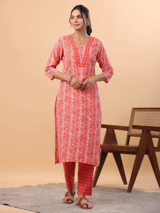 Janasya Regular Poly Cotton Red Printed Square Neck Set - Swadesiicart