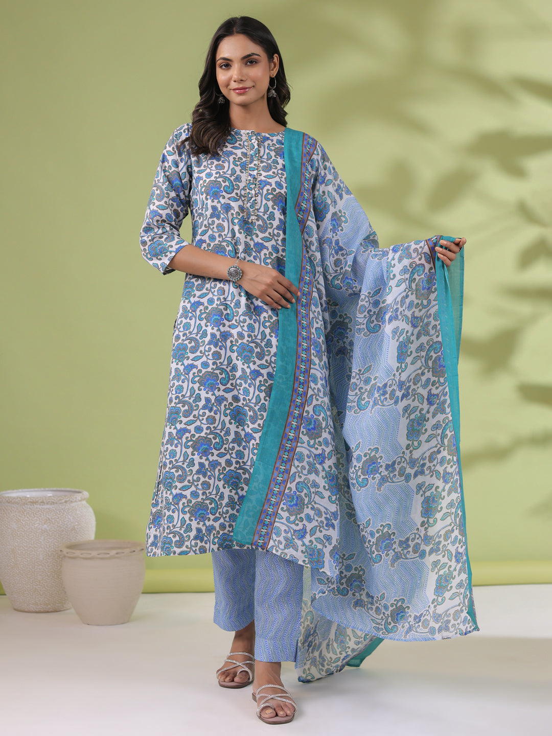 Janasya Regular Poly Cotton White Floral Round Neck Kurta Set - Swadesiicart