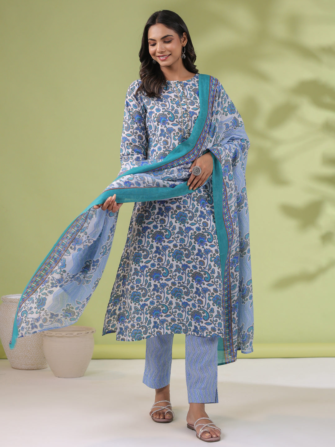 Janasya Regular Poly Cotton White Floral Round Neck Kurta Set - Swadesiicart