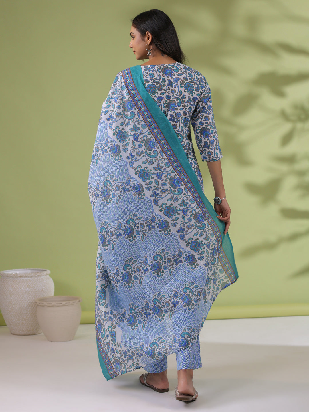 Janasya Regular Poly Cotton White Floral Round Neck Kurta Set - Swadesiicart