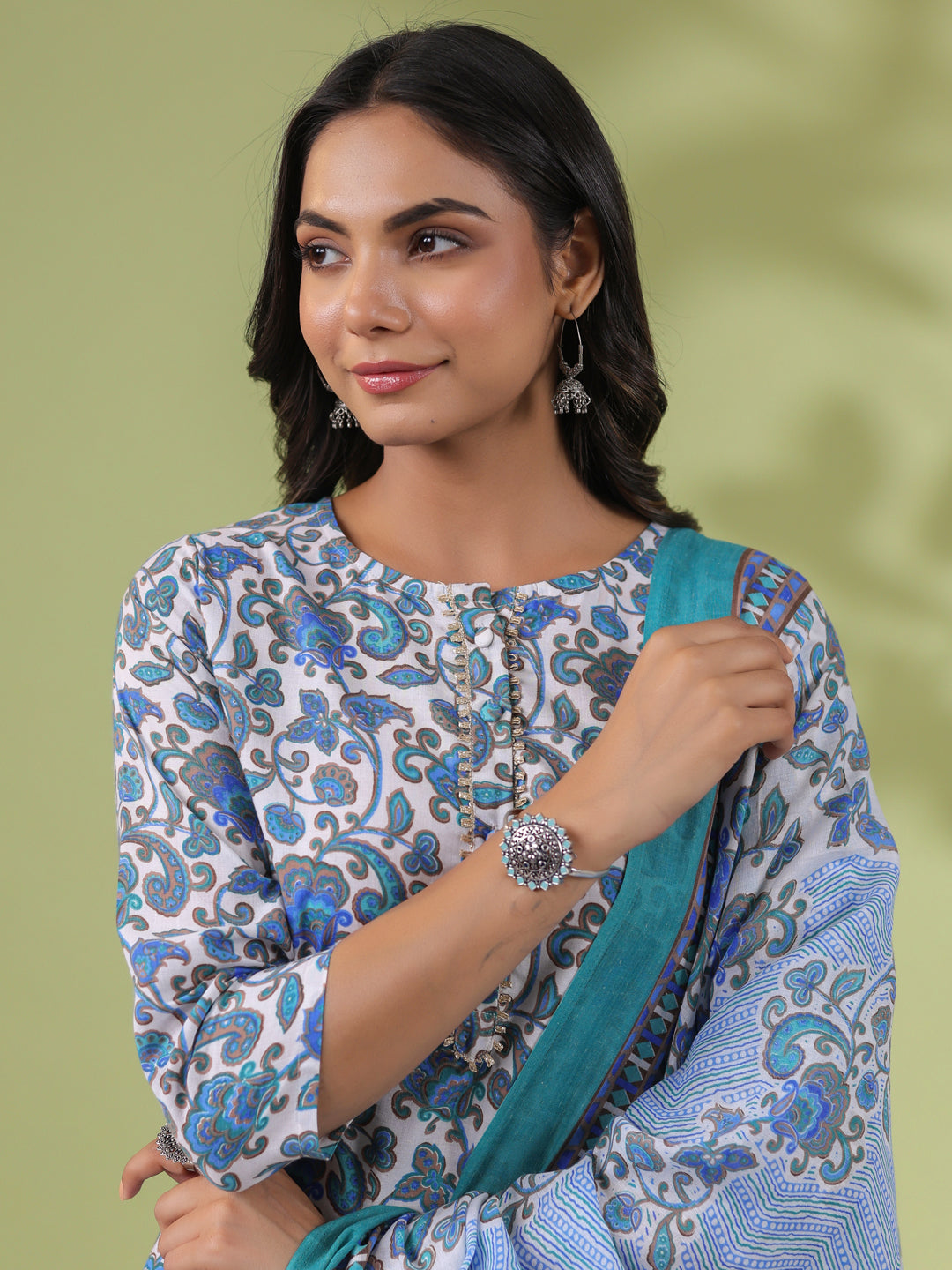Janasya Regular Poly Cotton White Floral Round Neck Kurta Set - Swadesiicart