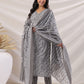 Janasya Regular Poly Cotton Grey Ethnic Motifs V-Neck Kurta,Bottom & Dupatta | Swadesiicart