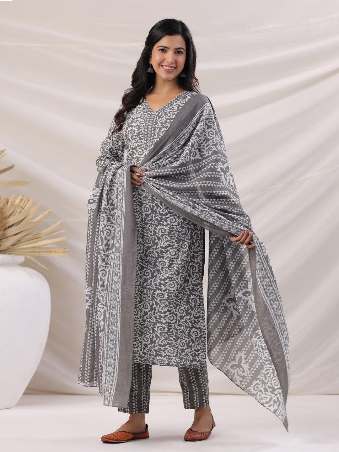 Janasya Regular Poly Cotton Grey Ethnic Motifs V-Neck Kurta,Bottom & Dupatta | Swadesiicart