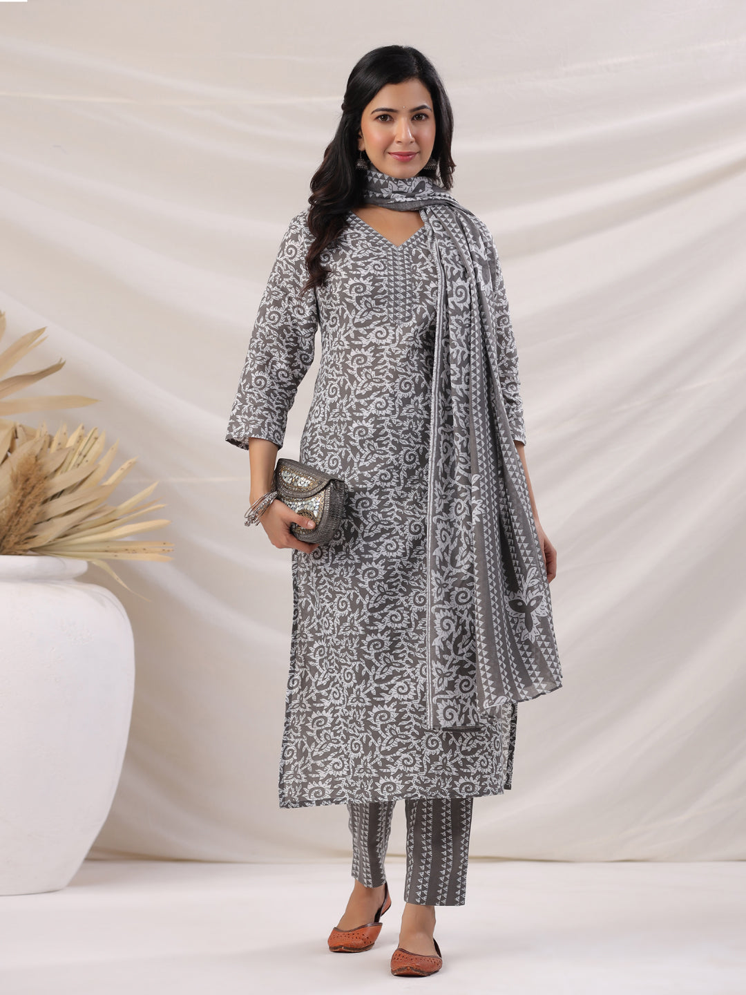 Janasya Regular Poly Cotton Grey Ethnic Motifs V-Neck Kurta,Bottom & Dupatta | Swadesiicart