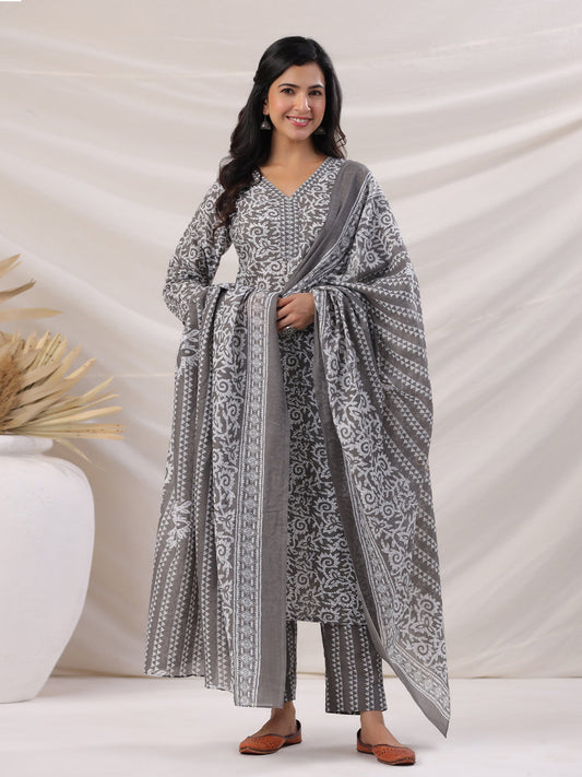 Janasya Regular Poly Cotton Grey Ethnic Motifs V-Neck Kurta,Bottom & Dupatta | Swadesiicart
