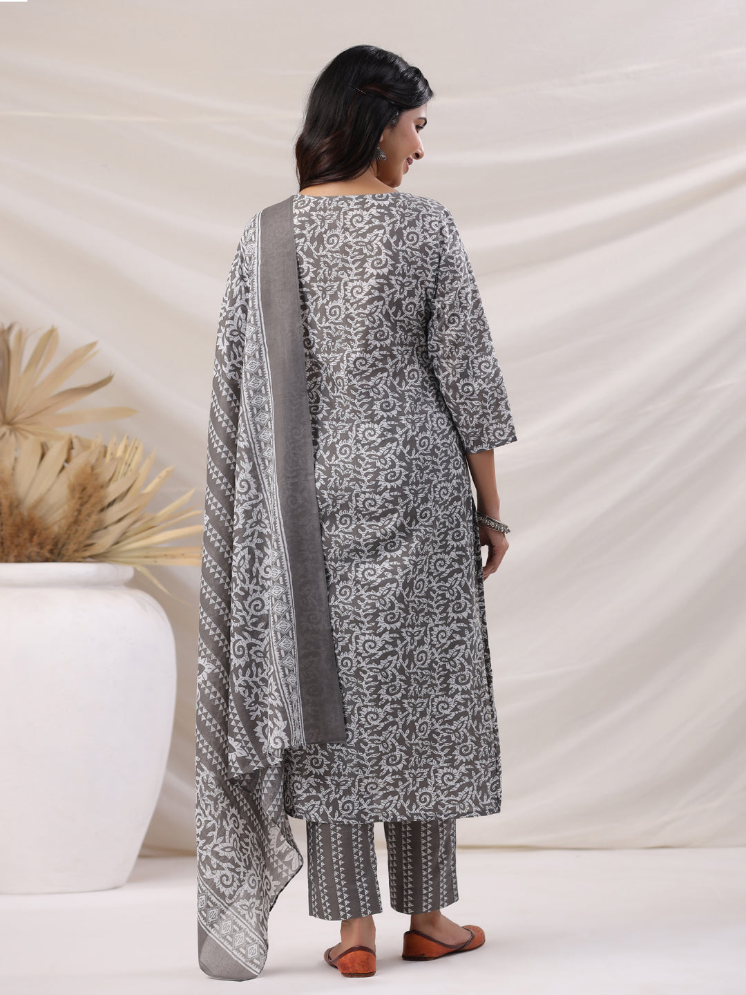 Janasya Regular Poly Cotton Grey Ethnic Motifs V-Neck Kurta,Bottom & Dupatta | Swadesiicart