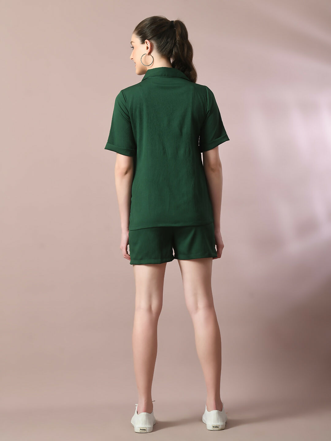 Myshka Women's Green Solid Shirt Collar Party Shirt With Shorts Co-ord set - Swadesiicart