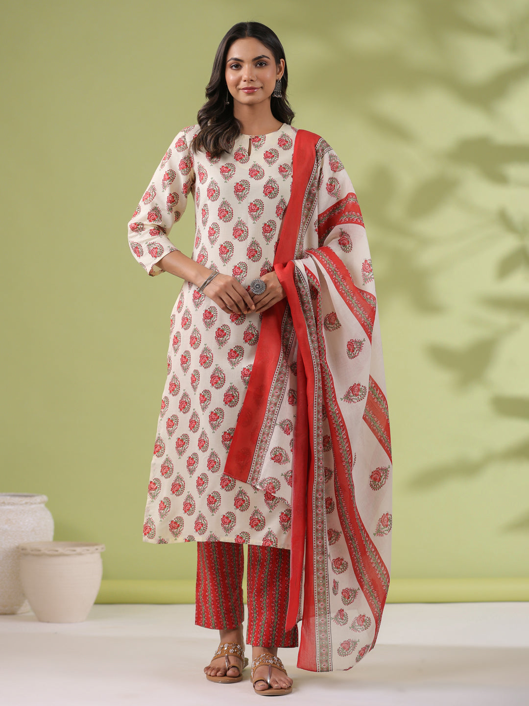 Janasya Regular Poly Cotton Cream Ethnic Motifs Notch Neck Set - Swadesiicart