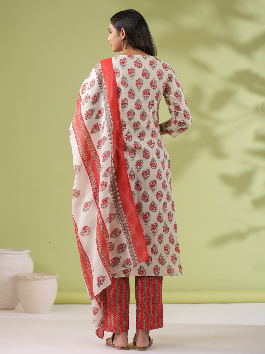 Janasya Regular Poly Cotton Cream Ethnic Motifs Notch Neck Set - Swadesiicart
