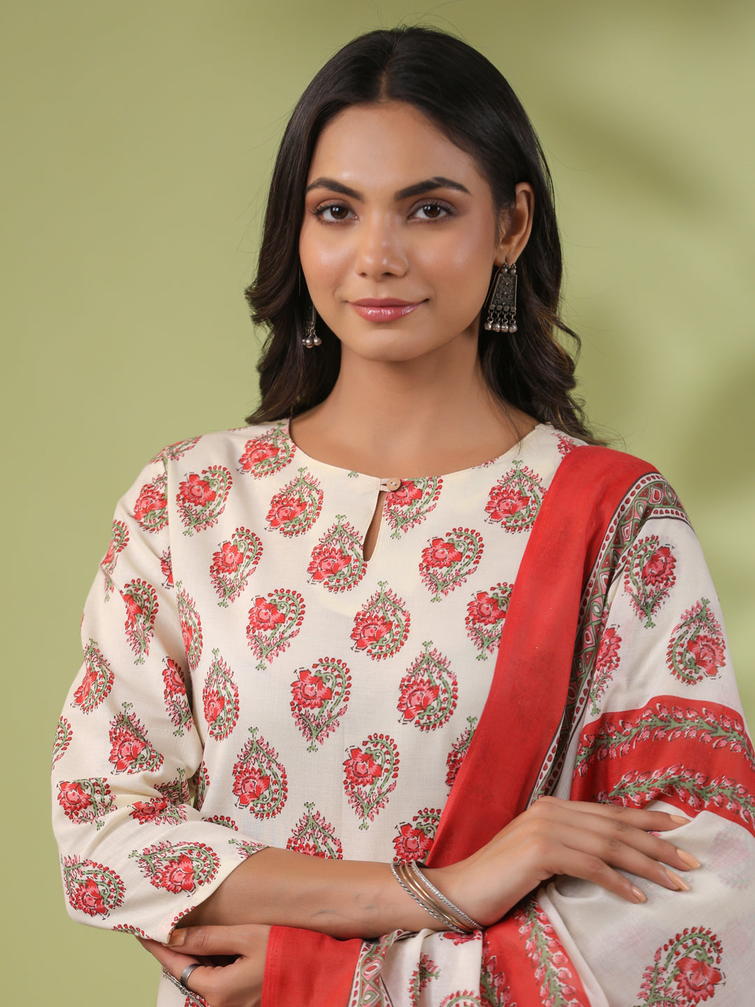 Janasya Regular Poly Cotton Cream Ethnic Motifs Notch Neck Set - Swadesiicart