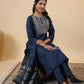 Janasya Straight Magics Slub Blue Embroidered Round Neck Kurta,Bottom & Dupatta | Swadesiicart