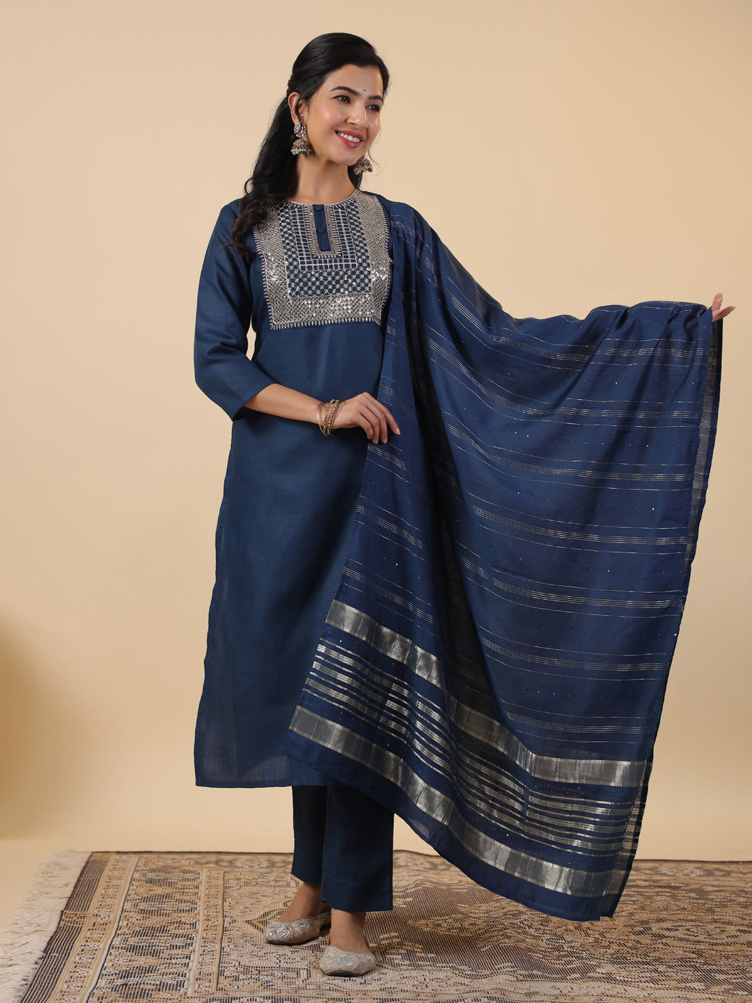 Janasya Straight Magics Slub Blue Embroidered Round Neck Kurta,Bottom & Dupatta | Swadesiicart