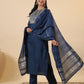 Janasya Straight Magics Slub Blue Embroidered Round Neck Kurta,Bottom & Dupatta | Swadesiicart