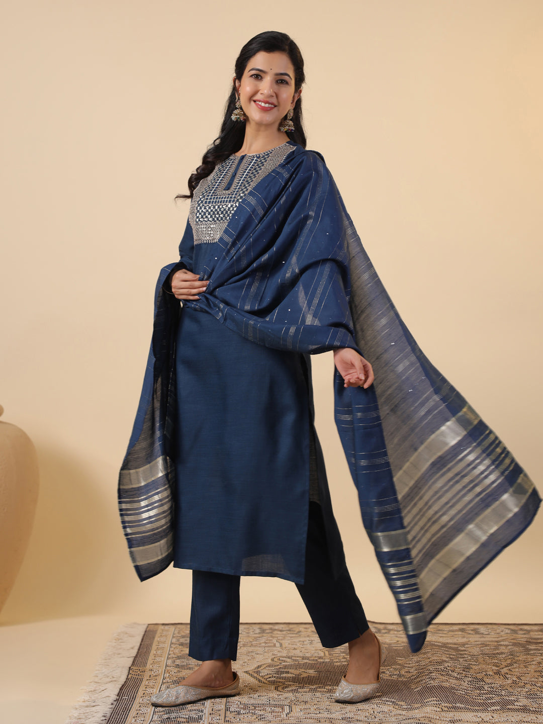 Janasya Straight Magics Slub Blue Embroidered Round Neck Kurta,Bottom & Dupatta | Swadesiicart