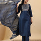 Janasya Straight Magics Slub Blue Embroidered Round Neck Kurta,Bottom & Dupatta | Swadesiicart