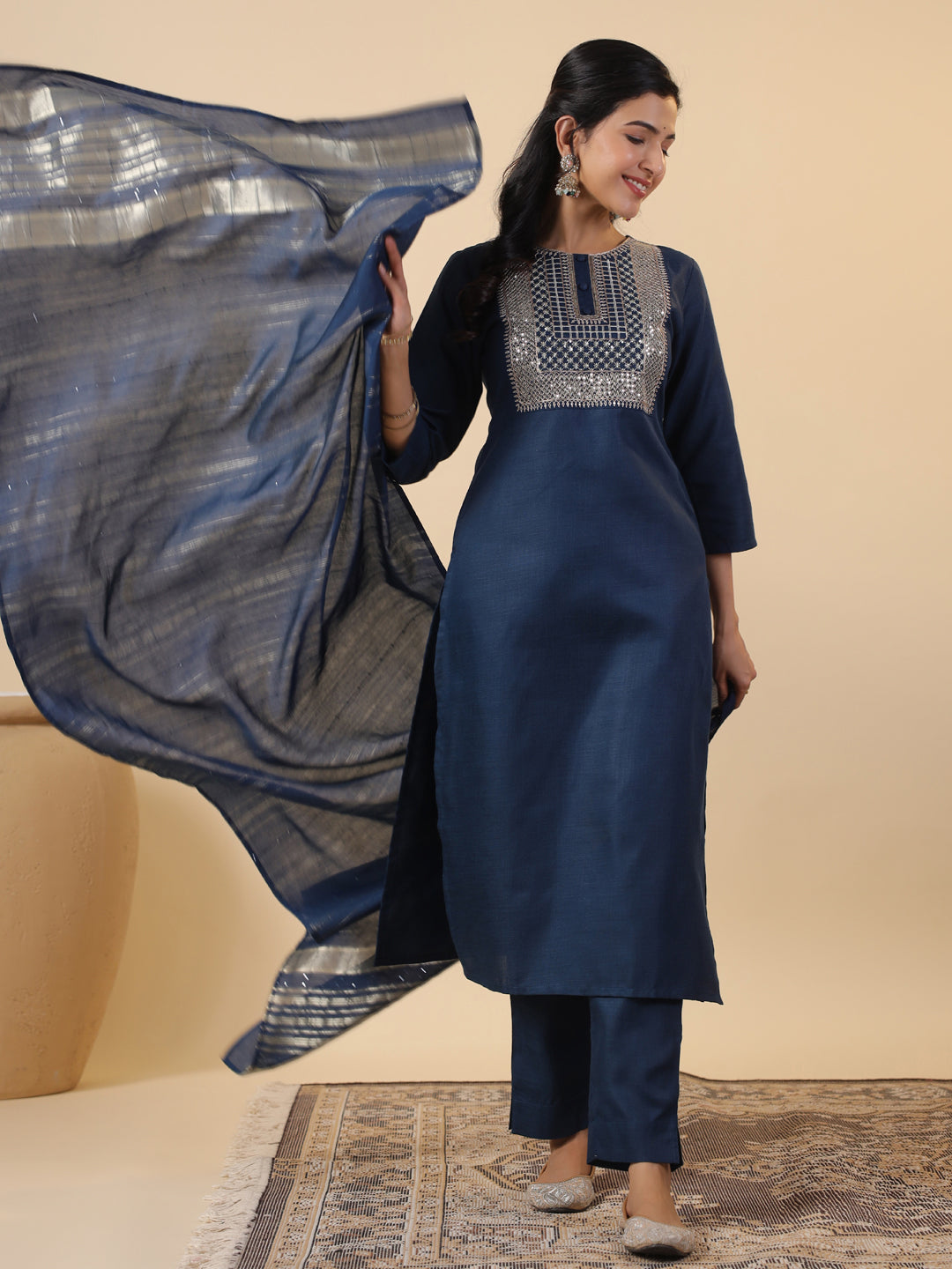 Janasya Straight Magics Slub Blue Embroidered Round Neck Kurta,Bottom & Dupatta | Swadesiicart