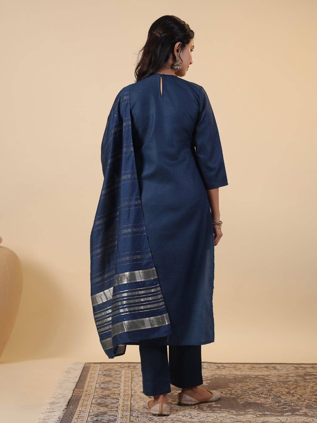 Janasya Straight Magics Slub Blue Embroidered Round Neck Kurta,Bottom & Dupatta | Swadesiicart