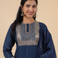 Janasya Straight Magics Slub Blue Embroidered Round Neck Kurta,Bottom & Dupatta | Swadesiicart