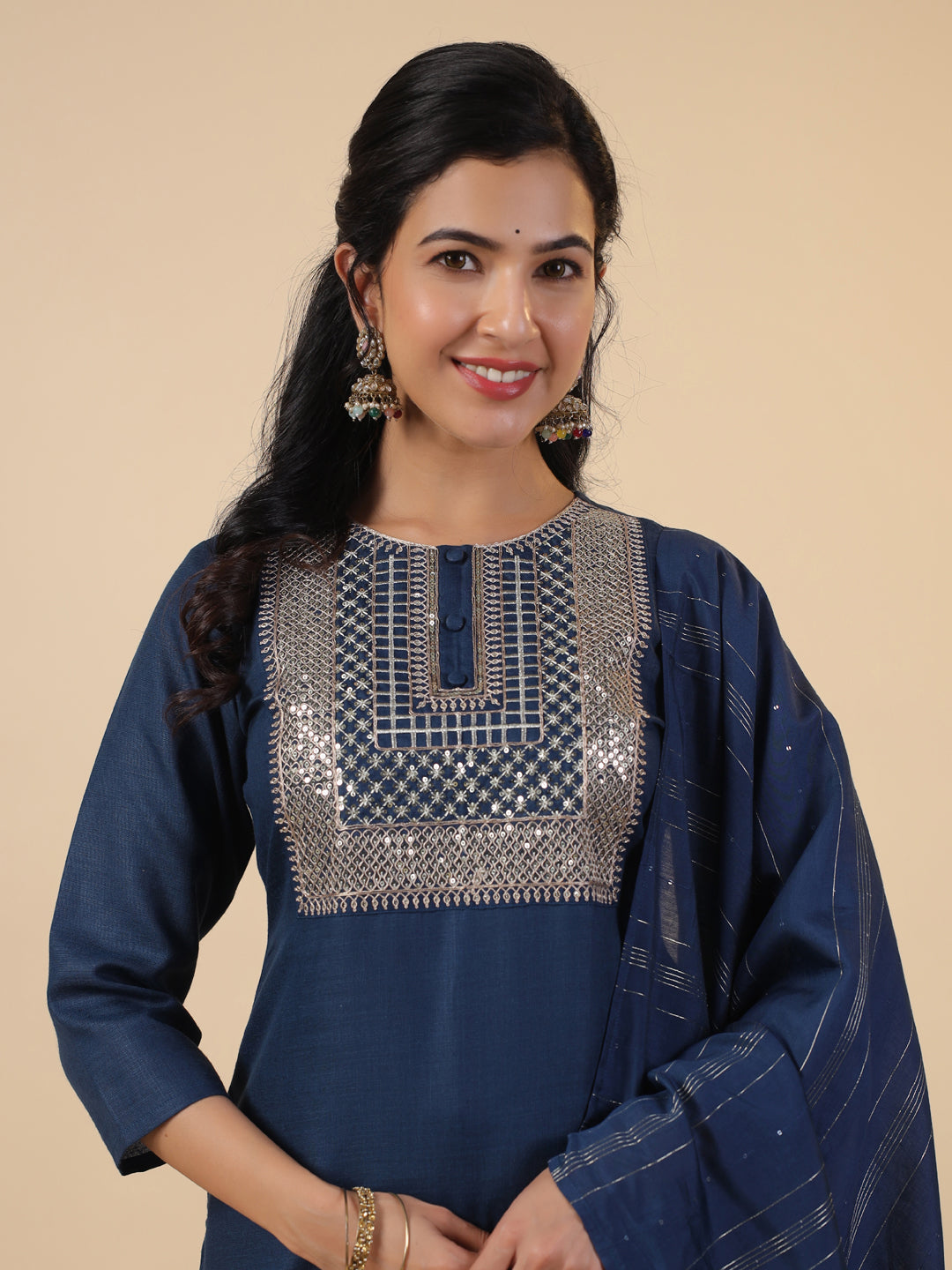 Janasya Straight Magics Slub Blue Embroidered Round Neck Kurta,Bottom & Dupatta | Swadesiicart