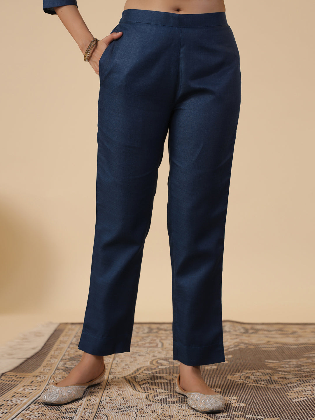 Janasya Straight Magics Slub Blue Embroidered Round Neck Kurta,Bottom & Dupatta | Swadesiicart