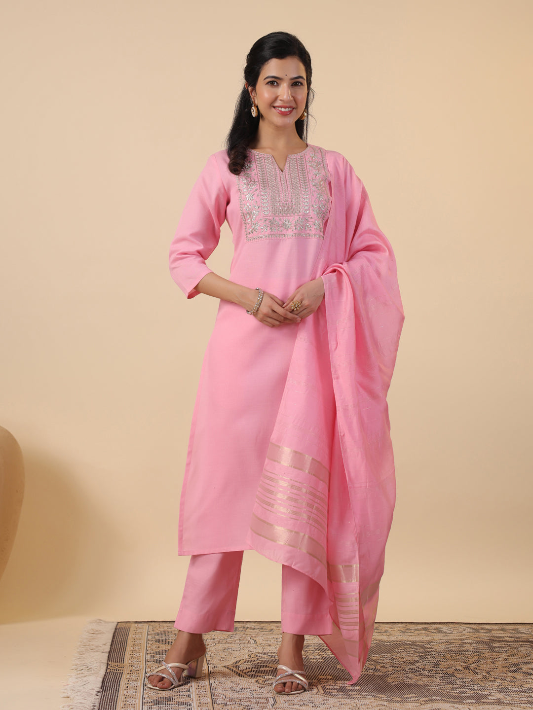 Janasya Straight Magics Slub Pink Embroidered Notch Neck Kurta,Bottom & Dupatta | Swadesiicart