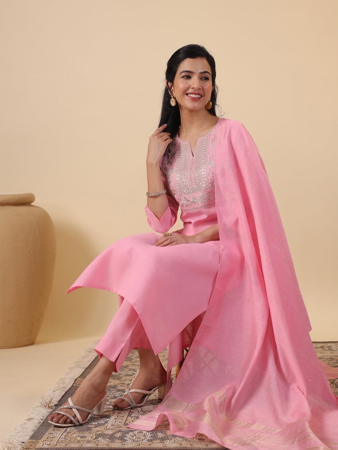 Janasya Straight Magics Slub Pink Embroidered Notch Neck Kurta,Bottom & Dupatta | Swadesiicart