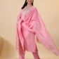 Janasya Straight Magics Slub Pink Embroidered Notch Neck Kurta,Bottom & Dupatta | Swadesiicart