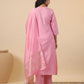 Janasya Straight Magics Slub Pink Embroidered Notch Neck Kurta,Bottom & Dupatta | Swadesiicart