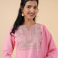 Janasya Straight Magics Slub Pink Embroidered Notch Neck Kurta,Bottom & Dupatta | Swadesiicart