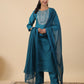 Janasya Straight Magics Slub Teal Embroidered Round Neck Kurta,Bottom & Dupatta | Swadesiicart