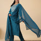 Janasya Straight Magics Slub Teal Embroidered Round Neck Kurta,Bottom & Dupatta | Swadesiicart
