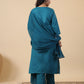 Janasya Straight Magics Slub Teal Embroidered Round Neck Kurta,Bottom & Dupatta | Swadesiicart