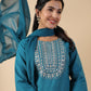 Janasya Straight Magics Slub Teal Embroidered Round Neck Kurta,Bottom & Dupatta | Swadesiicart