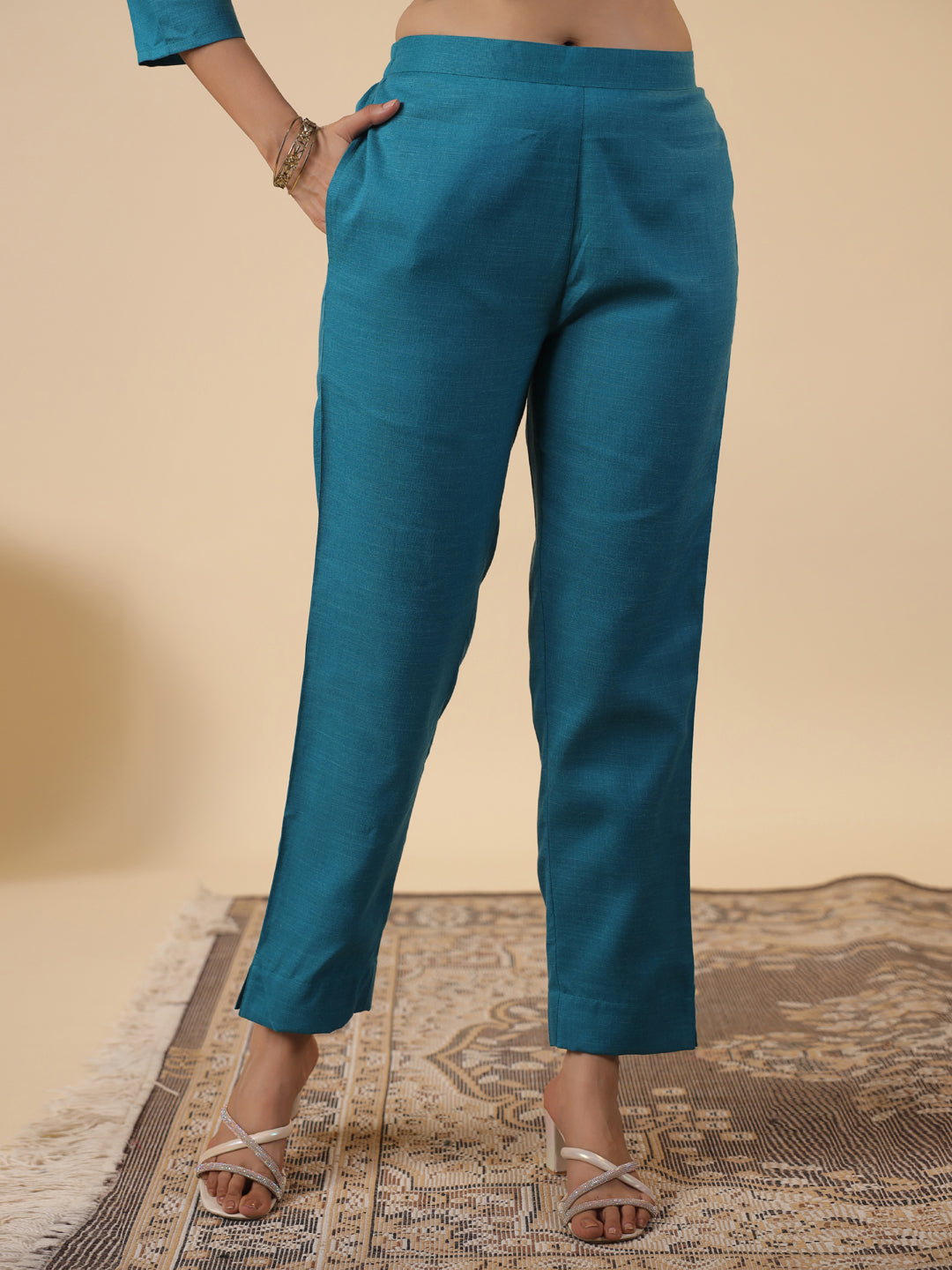 Janasya Straight Magics Slub Teal Embroidered Round Neck Kurta,Bottom & Dupatta | Swadesiicart