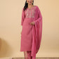 Janasya Straight Magics Slub Pink Embroidered Notch Neck Kurta,Bottom & Dupatta | Swadesiicart