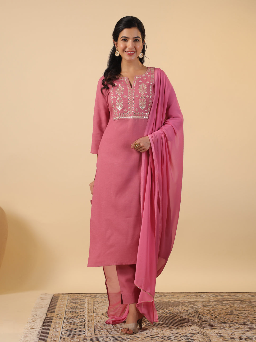Janasya Straight Magics Slub Pink Embroidered Notch Neck Kurta,Bottom & Dupatta | Swadesiicart