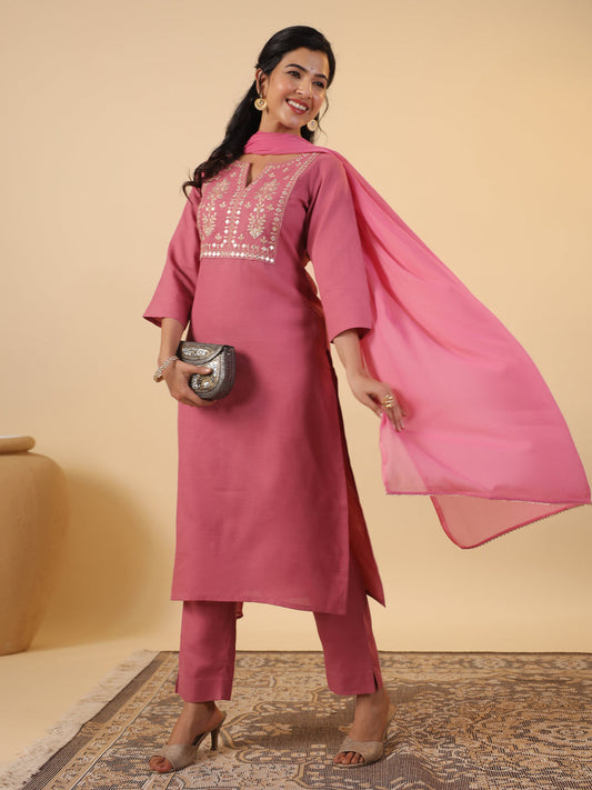 Janasya Straight Magics Slub Pink Embroidered Notch Neck Kurta,Bottom & Dupatta | Swadesiicart