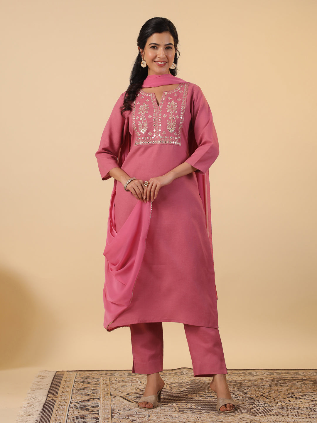 Janasya Straight Magics Slub Pink Embroidered Notch Neck Kurta,Bottom & Dupatta | Swadesiicart