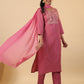 Janasya Straight Magics Slub Pink Embroidered Notch Neck Kurta,Bottom & Dupatta | Swadesiicart