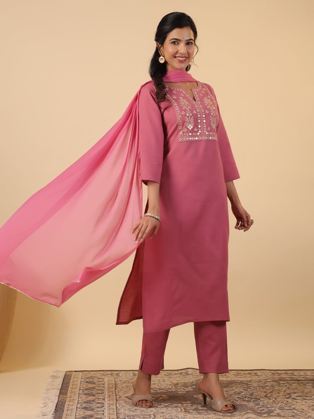 Janasya Straight Magics Slub Pink Embroidered Notch Neck Kurta,Bottom & Dupatta | Swadesiicart