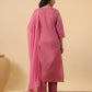 Janasya Straight Magics Slub Pink Embroidered Notch Neck Kurta,Bottom & Dupatta | Swadesiicart
