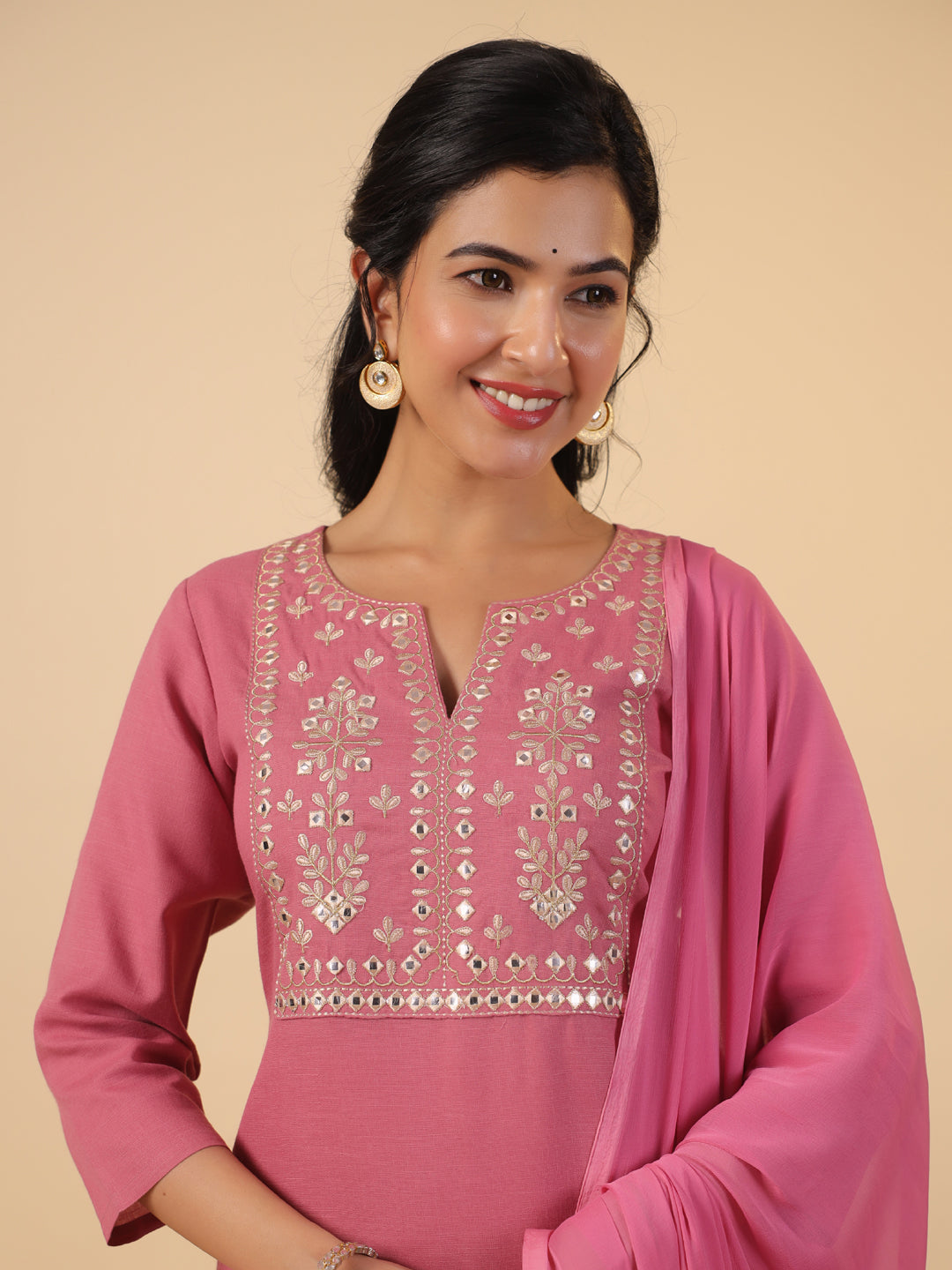 Janasya Straight Magics Slub Pink Embroidered Notch Neck Kurta,Bottom & Dupatta | Swadesiicart