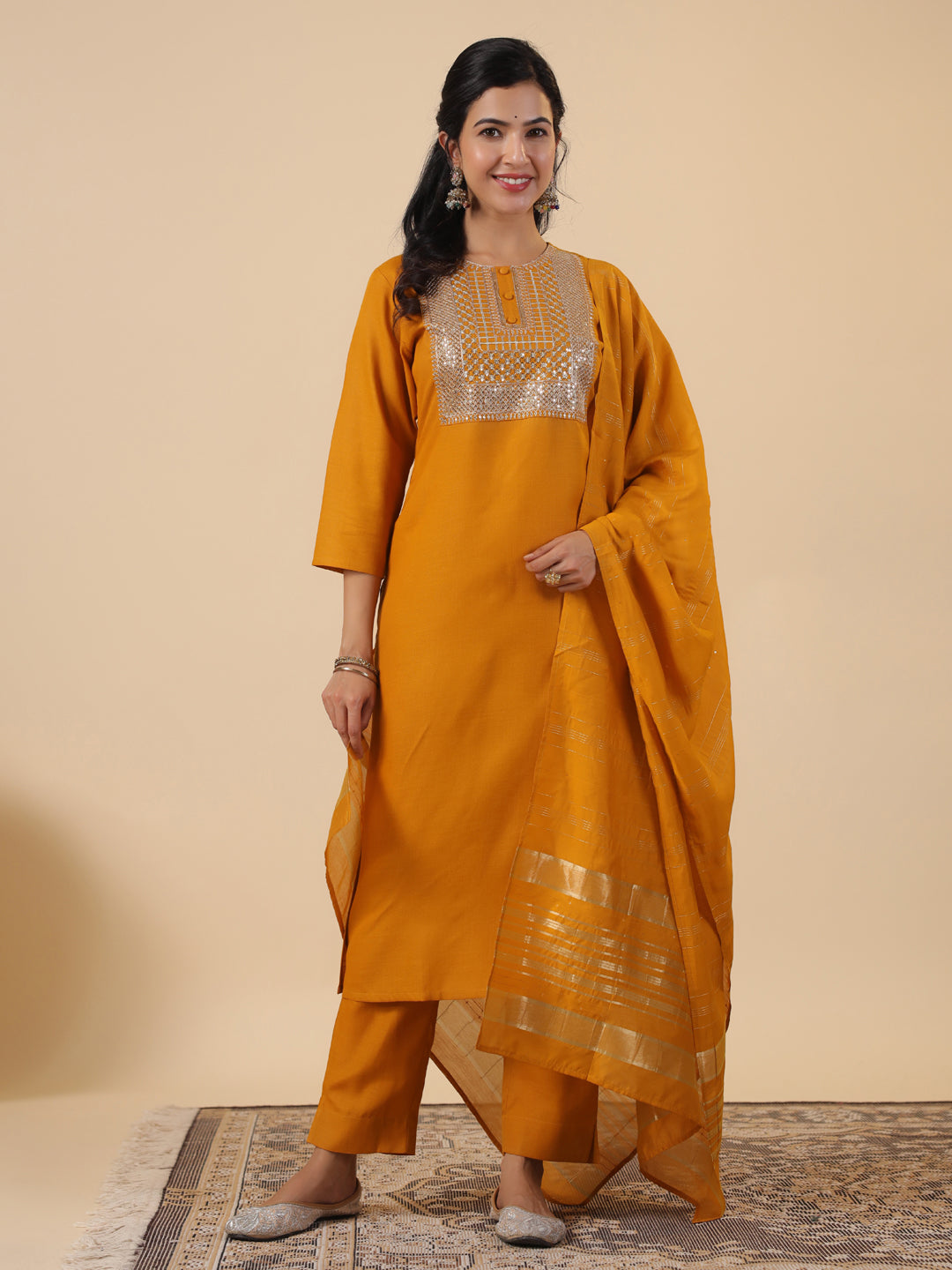Janasya Regular Magics Slub Mustard Embroidered Round Neck Kurta,Bottom & Dupatta | Swadesiicart