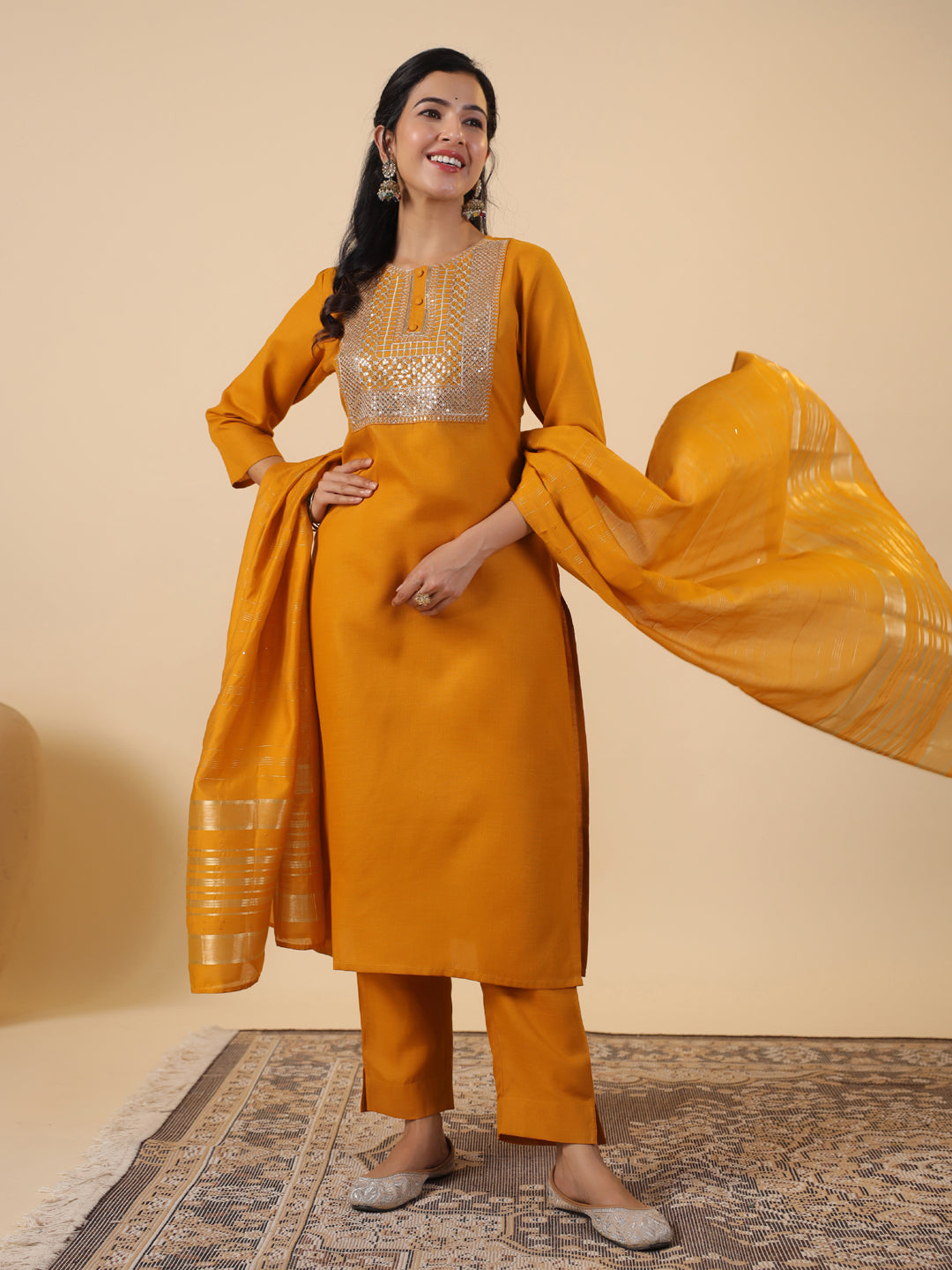 Janasya Regular Magics Slub Mustard Embroidered Round Neck Kurta,Bottom & Dupatta | Swadesiicart