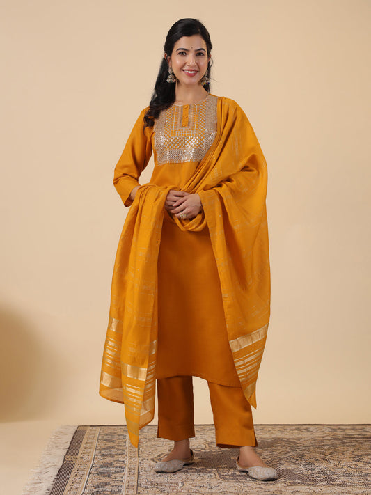 Janasya Regular Magics Slub Mustard Embroidered Round Neck Kurta,Bottom & Dupatta | Swadesiicart