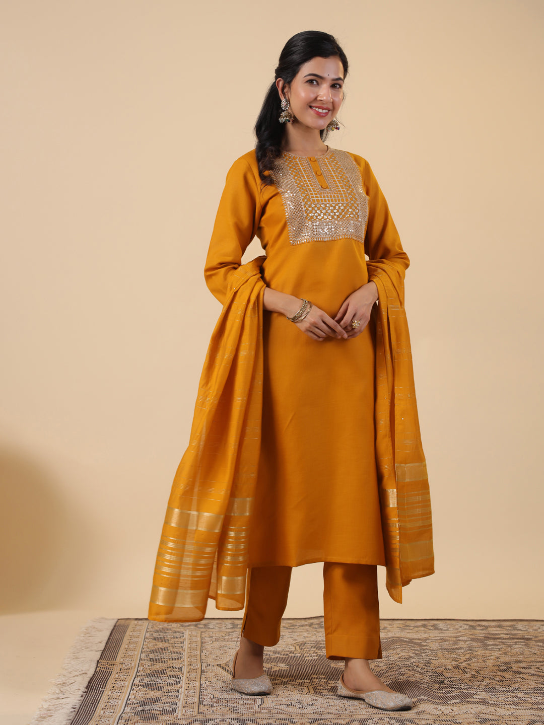 Janasya Regular Magics Slub Mustard Embroidered Round Neck Kurta,Bottom & Dupatta | Swadesiicart